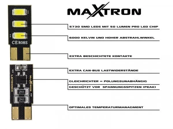 MaXtron® 4xSMD 5730 CAN-Bus LED Rund 200LM Ba9s T4W Metallsockel 12 Volt