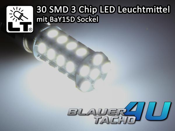 Preview: 30 SMD 3Chip LED Leuchtmittel BaY15D P21/5W Xenon Weiß 6000K