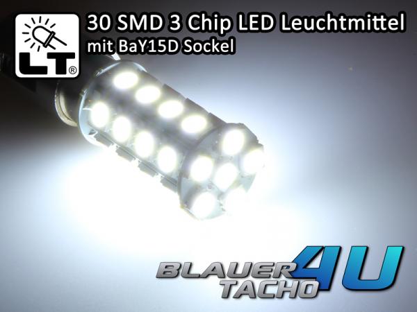 Preview: 30 SMD 3Chip LED Leuchtmittel BaY15D P21/5W Xenon Weiß 6000K