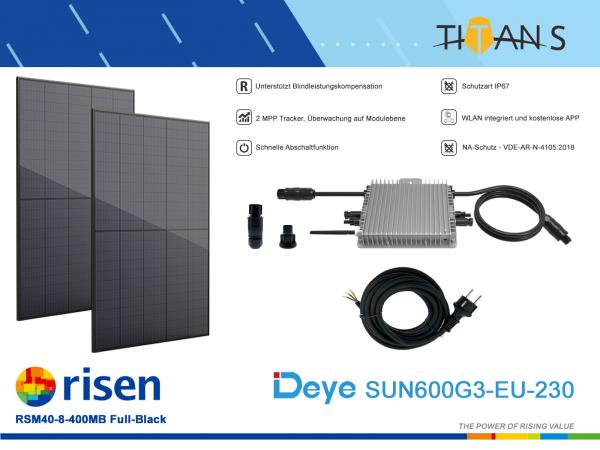Balkonkraftwerk PV Full-Black 800Wp inkl. 600W Deye SUN-​600G3-EU Wechselrichter