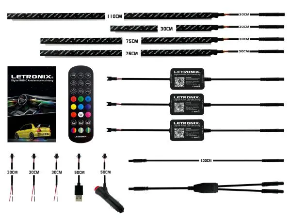 LETRONIX RGBIC Full LED Rainbow Ambientebeleuchtung für Armaturenbrett + 2 Türen