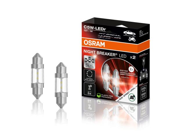 OSRAM NIGHT BREAKER LED C5W 36mm Soffitte 12V 1W Kalt-Weiß 6000K mit ECE R37 Straßenzulassung