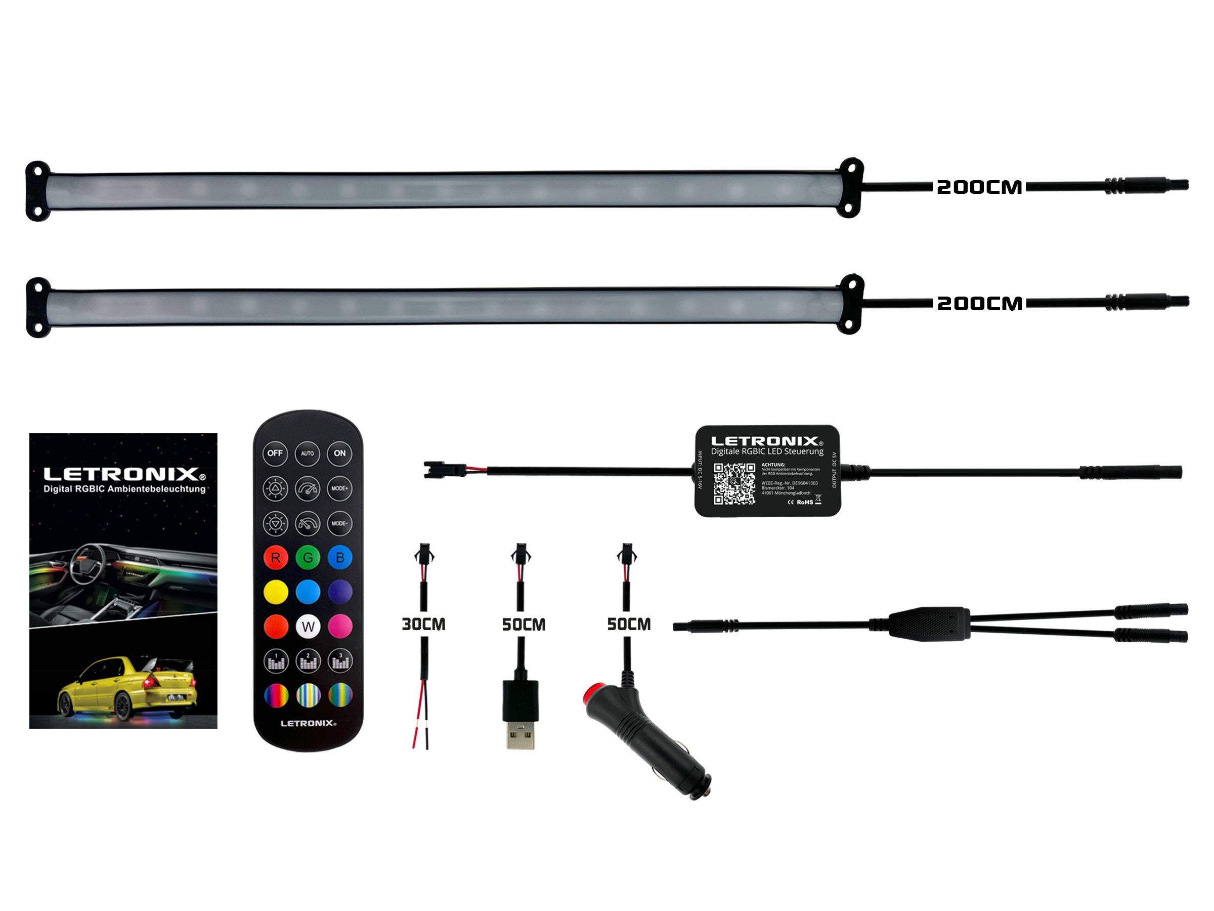 LETRONIX RGB Full LED Rainbow Fußraumbeleuchtung 2er Set 25cm RGBIC LED -Leisten