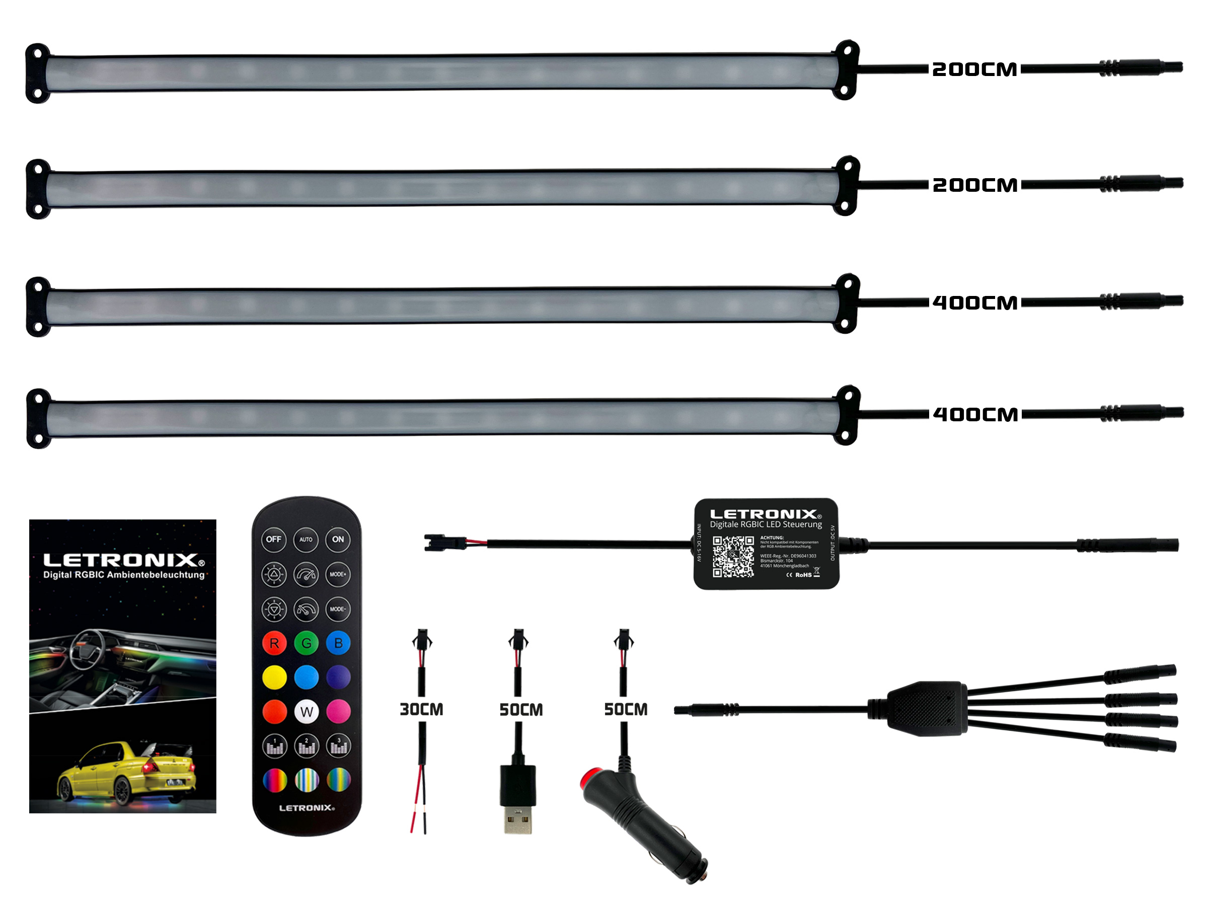 LETRONIX RGB Full LED Rainbow Fußraumbeleuchtung 4er Set 25cm RGBIC LED -Leisten