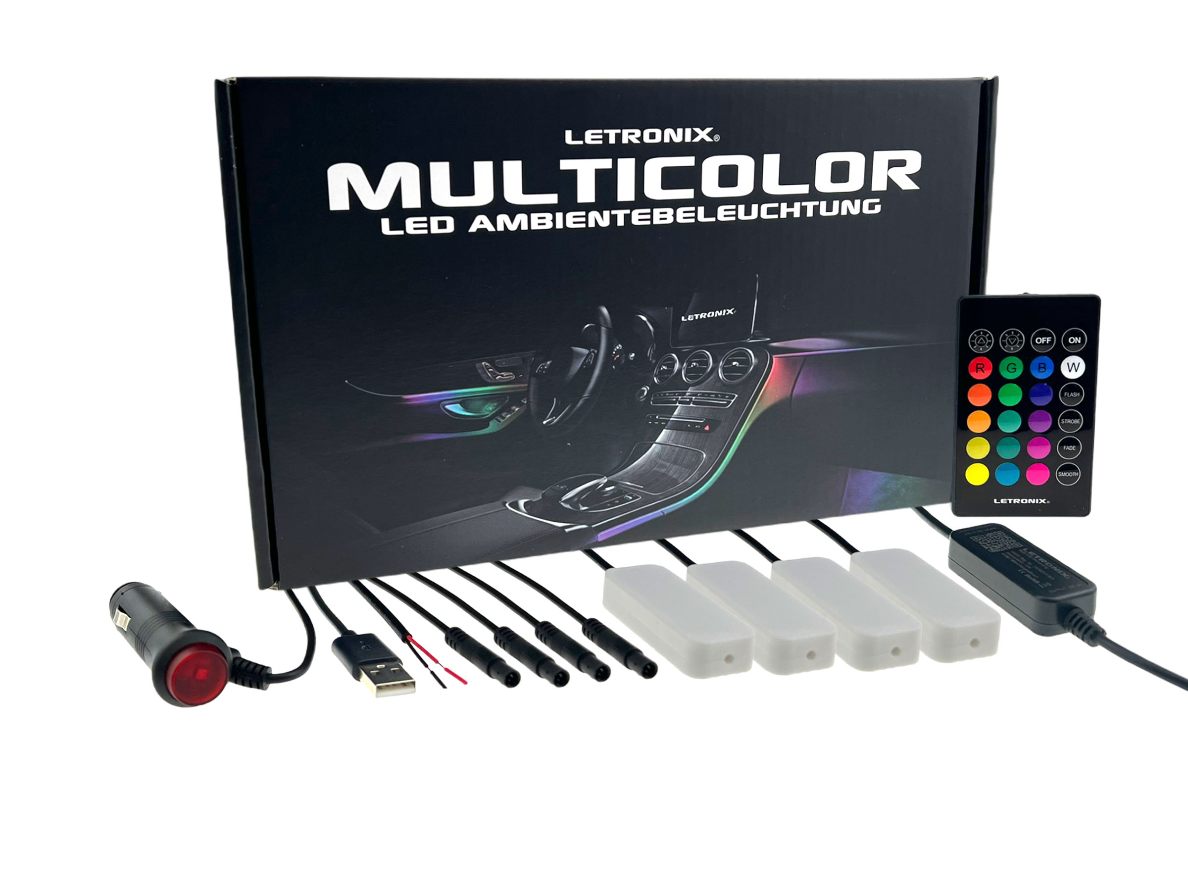 LETRONIX RGB LED Fußraumbeleuchtung Module 4er Set mit Bluetooth App  Steuerung