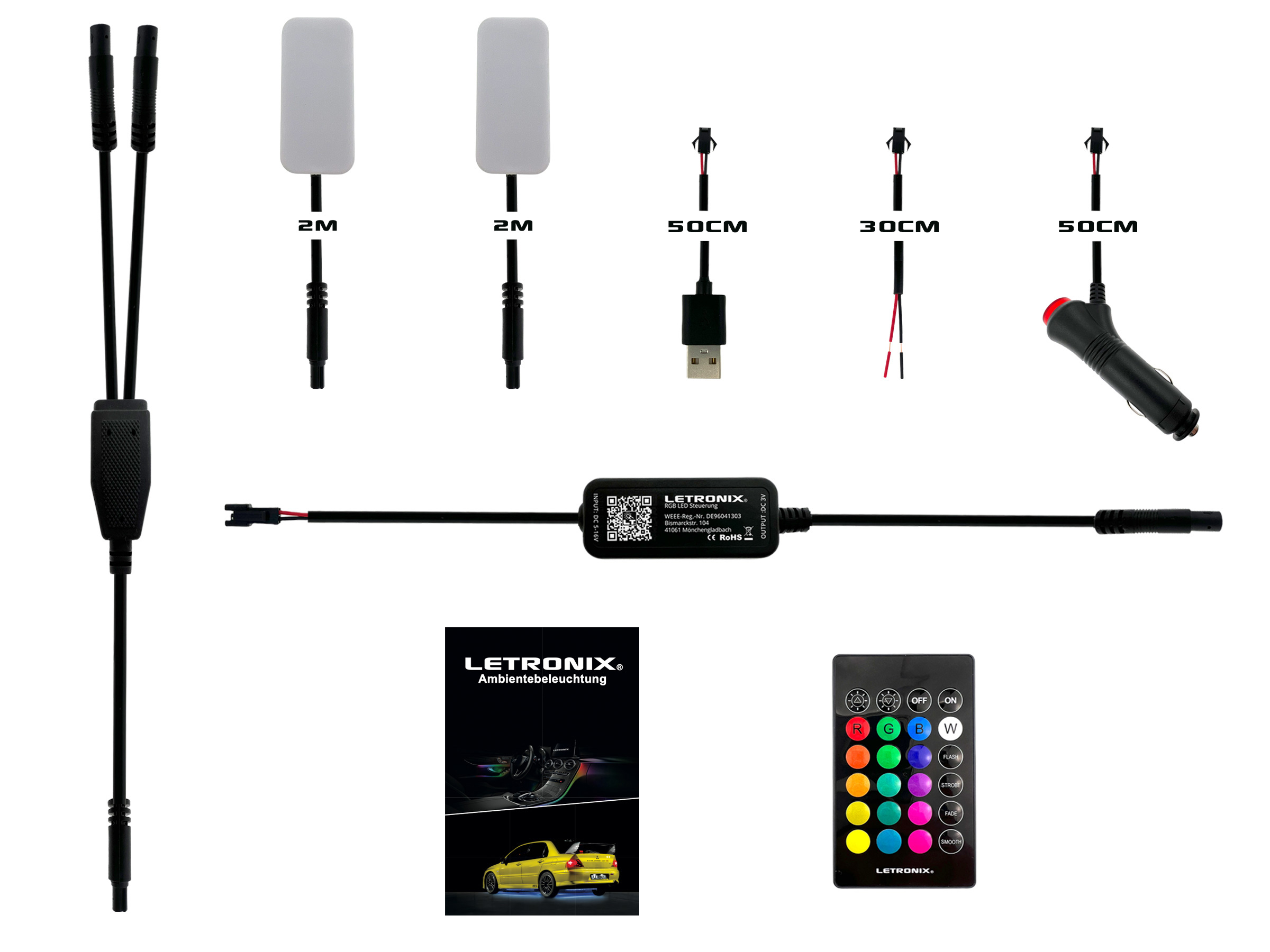 LETRONIX RGB LED Fußraumbeleuchtung Module 2er Set mit Bluetooth App  Steuerung