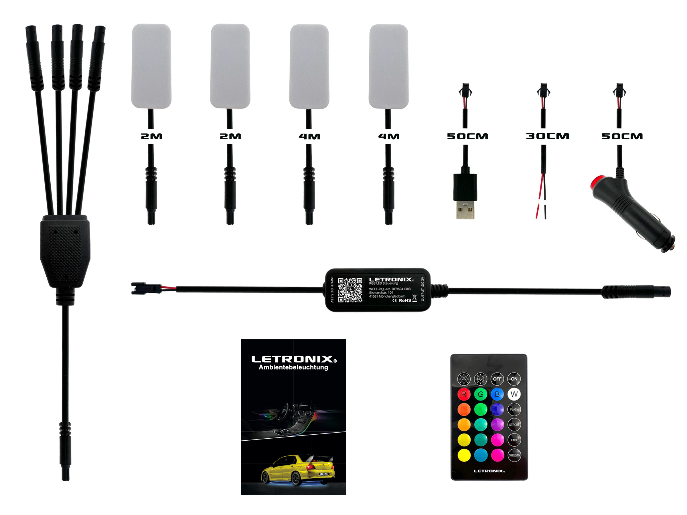 LETRONIX RGB LED Fußraumbeleuchtung Module 4er Set mit Bluetooth