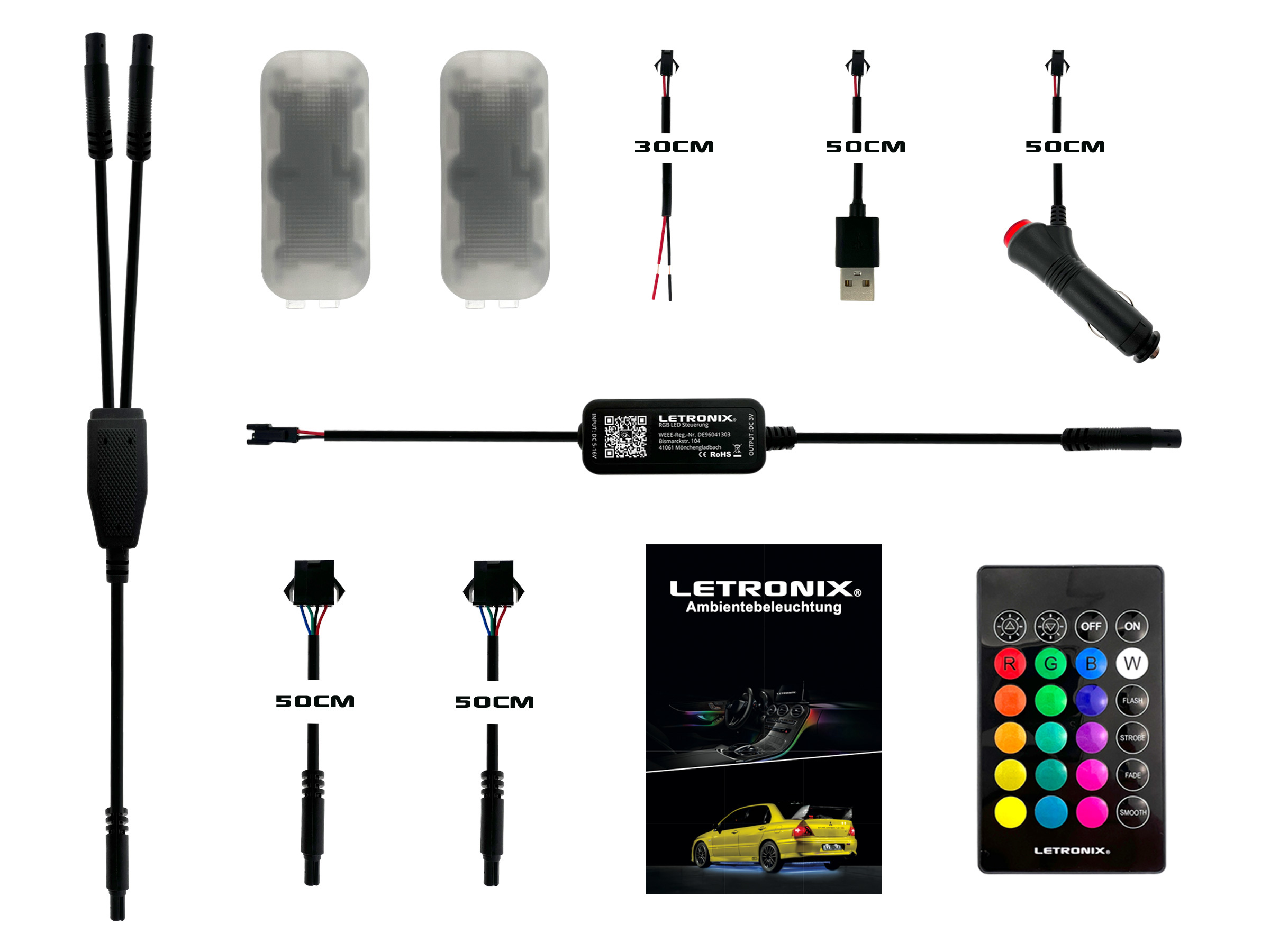 LETRONIX RGB LED Fußraumbeleuchtung V2 Module 2er Set für Audi, VW, Seat,  Skoda