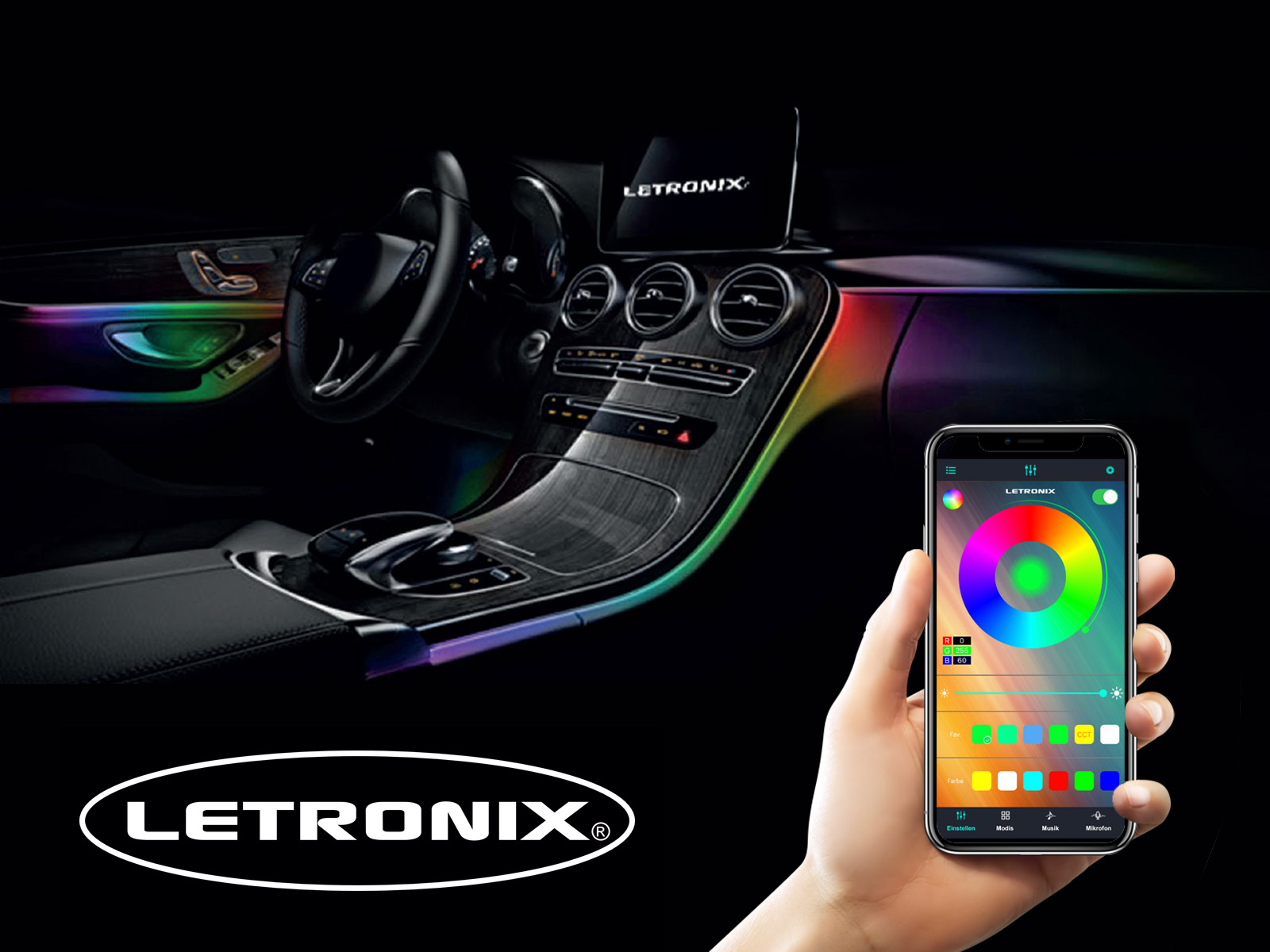 LETRONIX RGBIC RGB Full LED Rainbow Auto Ambientebeleuchtung (Für  Fußraumbeleuchtung Set mit 2X LED Leisten) mit APP Steuerung und  Fernbedienung : : Auto & Motorrad