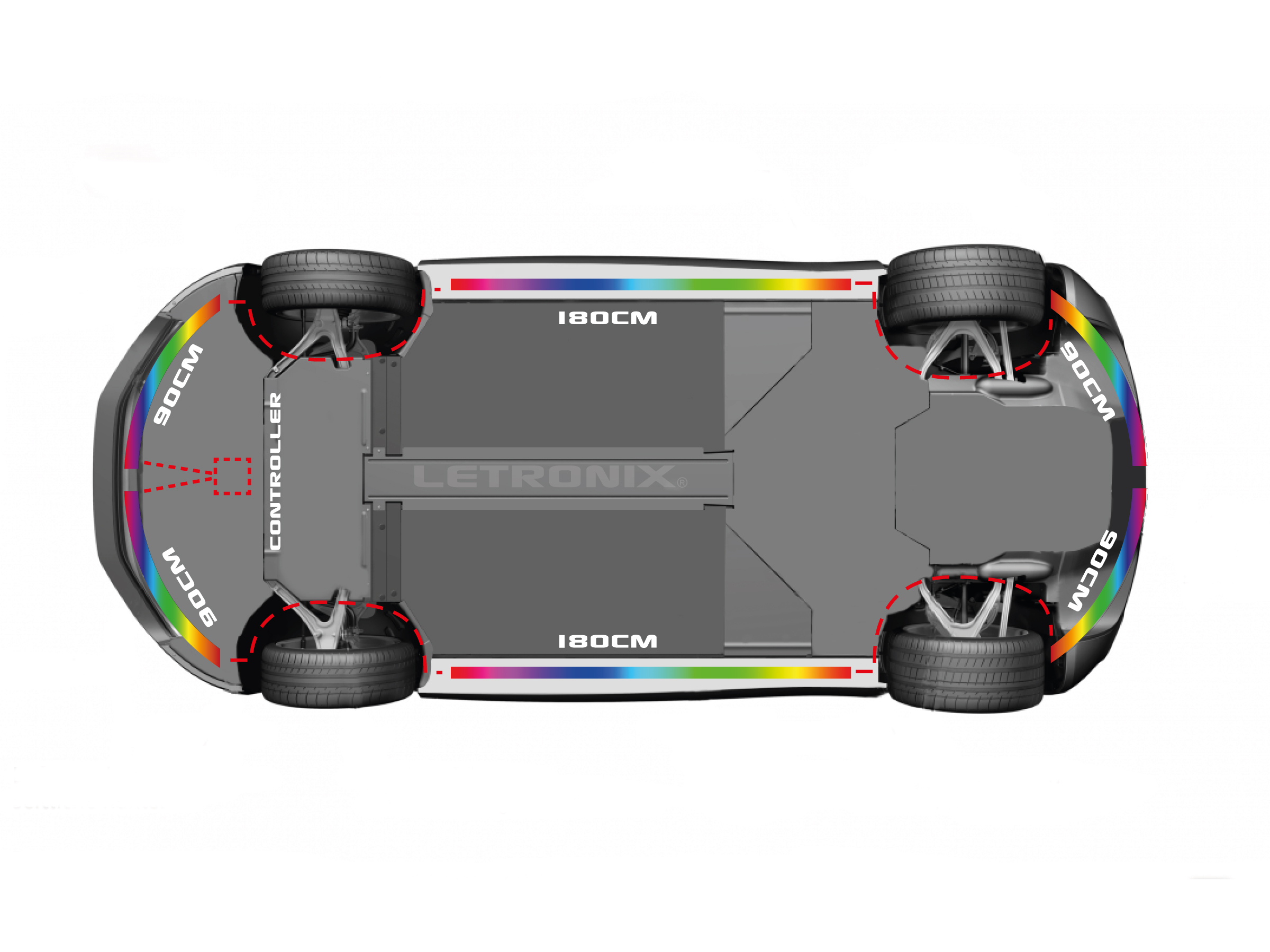LETRONIX Rainbow RGB RGBIC LED Unterbodenbeleuchtung 2.0 (2x  90cm+180cm+90cm)