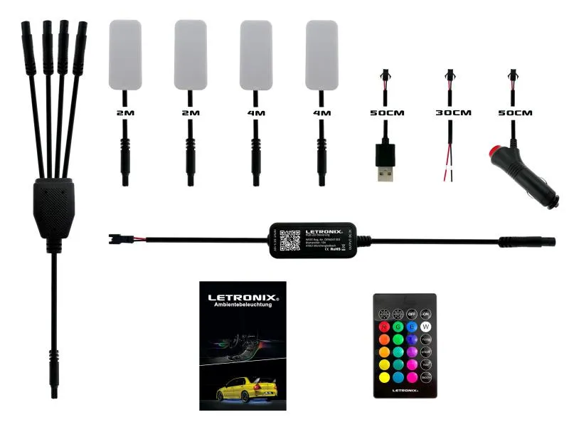 LETRONIX RGB LED Fußraumbeleuchtung Module 4er Set mit Bluetooth App Steuerung