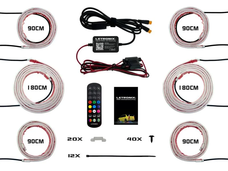 LETRONIX Rainbow RGB RGBIC LED Unterbodenbeleuchtung 2.0 (2x 90cm+180cm+90cm)